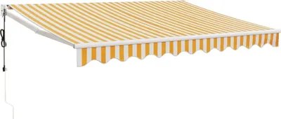 A retractable awning with yellow and white stripes, extended and mounted on a white background.