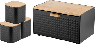 Produktbild von FLORINA Brotkasten inkl. 3-er-Set Aufbewahrungsdosen CUBE I Brotbox aus Stahl und Bambus-Deckel I Geräumiger und moderner Brotbehälter I 3 Vorratsdosen für Kaffee Tee Zucker I Farbe: Schwarz