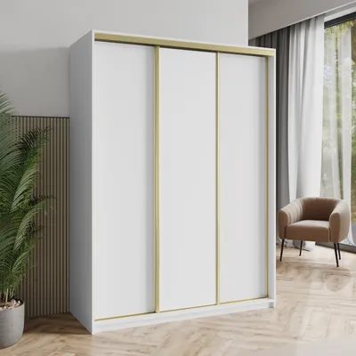 Produktbild von Masseno Schiebetürenschrank NISSE 150/205/60 cm Kleiderschrank mit Schubladen Schlafzimmer Schrank 3-türig Weiß + Gold