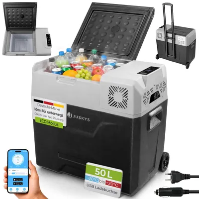 Produktbild von Juskys Kompressor Kühlbox 50 Liter 12/24/230 V für Auto, Lkw, Reisemobil, Camping - Mini Kühlschrank kalt & warm - Kompressorkühlbox Steckdose - Grau