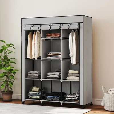 Produktbild von Stoffschrank mit 8 Fächern, Kleiderschrank Vliesstoff faltbar, 2 Kleiderstangen, Hellgrau | 125 x 43 x 162,5 cm | Stahlrahmen