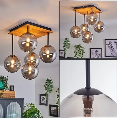 Produktbild von Isorella Deckenlampe aus Metall/Holz/Glas in Schwarz/Natur/Rauchfarben