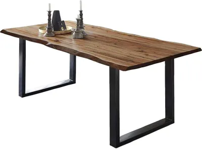 Produktbild von Esszimmertisch 120x80 cm ULM, Baumkantentisch naturfarben, Akazienholz massiv, U-Gestell aus Metall schwarz