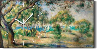 Produktbild von Wandbild Leinwand Bilder mit Uhr 60x30 Malerei Bäume Küste Meer Wellen Schiffe - weiße Hände