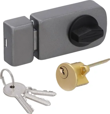 A lock mechanism, keys, and a cylinder are displayed against a white background.