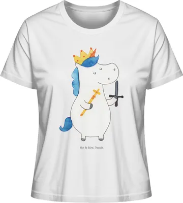 Produktbild von Mr. & Mrs. Panda Damen T-Shirt Einhorn König mit Schwert Größe M - Weiß - Geschenk, Basic Shirt, Oberteil, Motiv, Einhörner, Ritter, Unicorn, Kurzarmshirt, Mittelalter