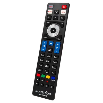 A black remote control is shown against a white background.