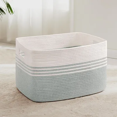 Productafbeelding van Wasmand, gevlochten, groot, 72 liter. Opbergmand met handgrepen, 55x43x30 cm, wit, groen (eikenbladmotief)
