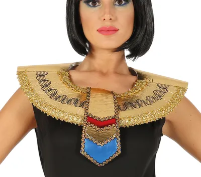 A woman wearing a black dress and an Egyptian-style collar.