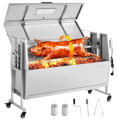 Image de VEVOR, grill pour agneau de 38 W, capacité de 60 kg, broche rotative de 1168,4 mm, grill pour porcelet en acier inoxydable, idéal pour le jardin et la terrasse, avec 4 niveaux de hauteur, roues verrouillables, pince à barbecue, couvercle pliable, brosses et récipient à épices