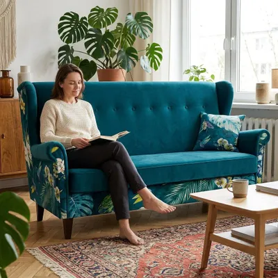 Produktbild von Schlafsofa ARI Print DUO – mit Bettkasten, Velours in Türkis, Family Meble, KI-generiertes Bild
