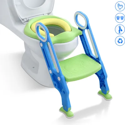 Produktbild von UISEBRT Toilettensitz Kinder Mit Treppe Faltbar Töpfchentrainer Höhenverstellbar WC Trainer Mit PolyurethanGepolstert Kissen Und Griffen Töpfchen Für Kinder Von 1-7 Jahren Kleinkinder Blau + Grün