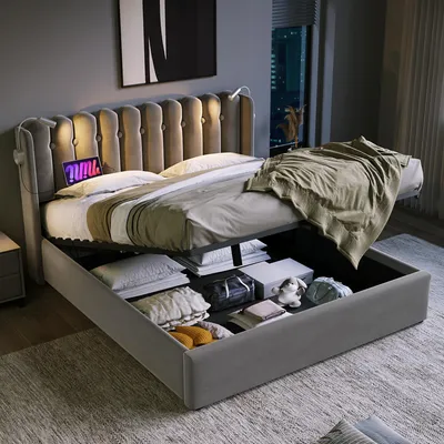 Produktbild von Polsterbett Doppelbett Leselicht mit Ladefunktion Kopfteil Stauraum Bettgestell Samt Jugendbett 160x200 mit lattenrost,Grau(Ohne Matratze)