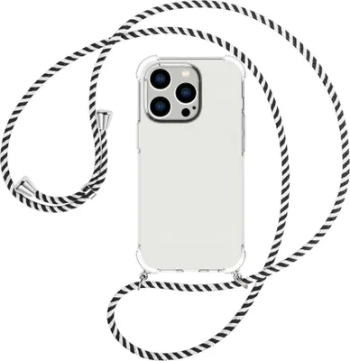 Produktbild von Handykette Backcover-Schutzhülle mit Band (Metall silberfarben) für Apple iPhone 15 Pro - schwarz/weiß gestreift