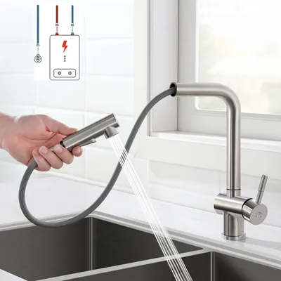 Produktbild von Niederdruck Küchenarmatur, ausziehbar Wasserhahn Küche, Einhebelmischer 360° Drehbar, Spültischarmatur Küche aus Edelstahl