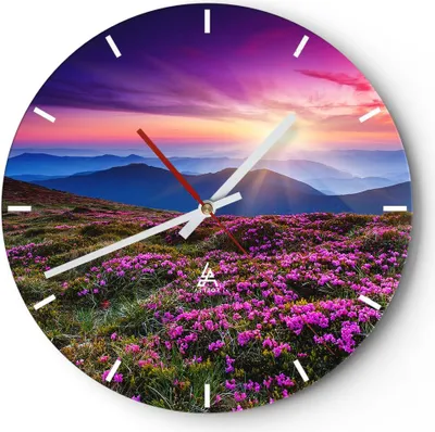 Produktbild von Wanduhr - Rund - Glasuhr - Wiese Berg Himmel Landschaft - 40x40cm - Schleichendes Uhrwerk - Lautlos - zum Aufhängen bereit - Dekoration Modern - Wanddekoration aus Glas - C3AR40x40-2719