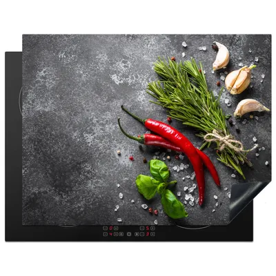 Produktbild von KitchenYeah© Herdabdeckplatte Pfeffer - Kräuter - Gewürze - Beton , 77x59cm, Küche Deko, Glaskeramikkochfeld Herdabdeckung, Abdeckplatte fùr Kochfeld