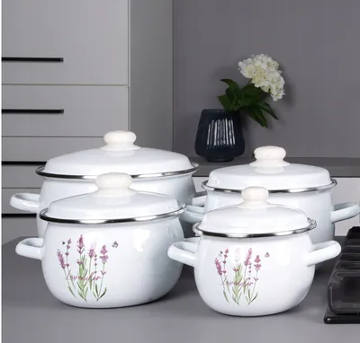 Produktbild von 8-teiliges Kochgeschirrset aus Emaille Topfset Induktion Kochtopfset Töpfe Set Lavendel