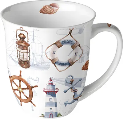 Produktbild von Porzellantasse 400 ml Fine Bone China – maritimes Motiv „Welcome Aboard“, spülmaschinengeeignet