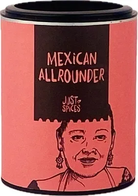 A product shot of a spice tin with a drawing of a woman on it.