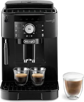 A black De'Longhi Magnifica S coffee machine with two cups of espresso and one cup of cappuccino.
