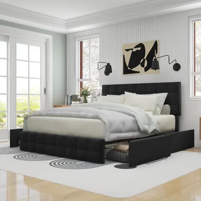 Produktbild von Flieks Polsterbett 140x200cm Doppelbett mit Schubladen und Lattenrost, Stauraumbett Funktionsbett Holzbett Ehebett Jugendbett, Leinenmaterial, Schwarz