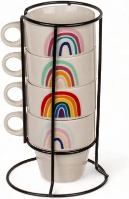 Zdjęcie produktu dla Zestaw 4 kolorowych porcelanowych kubków do kawy, 200 ml, z możliwością układania w stos