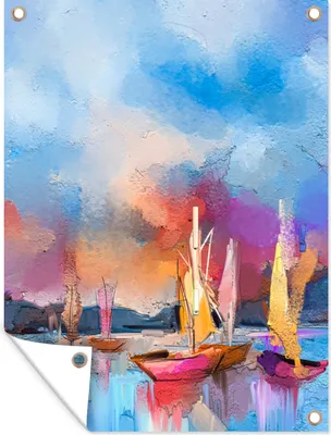 Produktbild von MuchoWow® 60x80 cm Outdoor-Poster Gartendeko Sichtschutz Garten Poster für den Garten  Malerei - Boote - Wasser