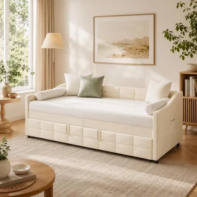 Image de Canapé-lit 90x200 cm, convertible, en velours, convertible en lit de jour, sommier à lattes, couleur beige