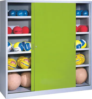 Produktbild von C+P Ballschrank mit Vollblech-Schiebetüren (Typ 4), HxBxT 195x120x50 cm, Clowngrün (RAL 110 80 60), Lichtgrau (RAL 7035), Gleichschließung