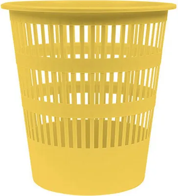 A yellow plastic waste bin with a perforated design.