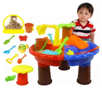 Zdjęcie produktu dla Piaskownica Buxibo dla dzieci - zabawka plażowa - stół z wodą i piaskiem - zestaw do zabawy z 16 figurkami - 35 x 45 cm
