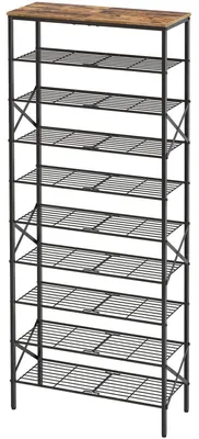 Immagine prodotto di Scaffale per scarpe, struttura in metallo, 10 ripiani, colore marrone vintage/nero, dimensioni 70,6 x 27,4 x 167 cm