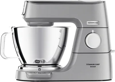 A silver Kenwood Titanium Chef Baker stand mixer is shown against a white background.