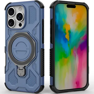 Image de Housse de téléphone portable durable pour iPhone 16 Pro, étui robuste avec anneau, support magnétique et support Bleu