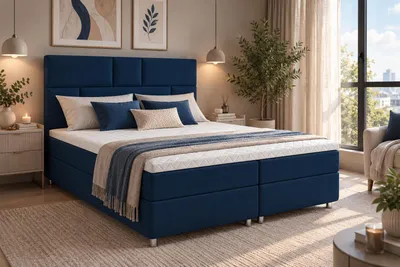 Produktbild von MODERN ROOM Boxspringbett mit Bettkasten SYLOR 140x200 cm H3 Samtstoff Polsterbett mit Matratze Topper Doppelbett Bett für Schlafzimmer, dunkelblau, KI-generiertes Bild