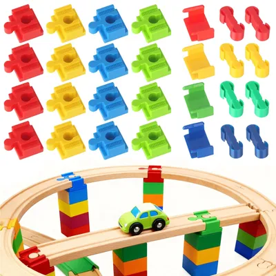 Imagen del producto de Conectores de madera y rieles, 28 unidades, con elementos de plástico, para trenes de juguete de madera