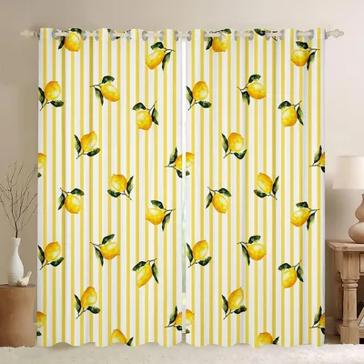 Verdunkelungsvorhang-Set 2er, Zitronen-Blätter, 245x140 cm, Ösen, Polyester