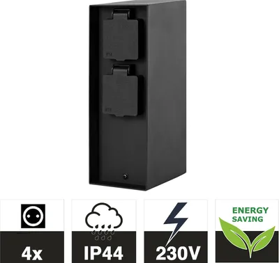 Produktbild von Grafner Edelstahl Design Gartensteckdose mit 4 Steckdosen, IP44, eckig, KEIN ROST – Pulver-Beschichtung, klein und schmal, Energiesäule Mehrfach Metall Außen Steckdose 2-Fach schwarz