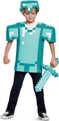A young boy is posing in a Minecraft-themed diamond armor costume, holding a toy sword.