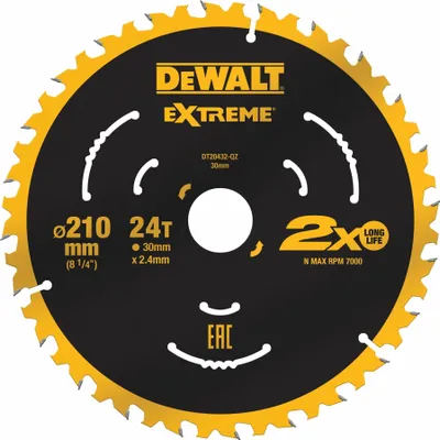 A circular saw blade with brand and product information printed on it.