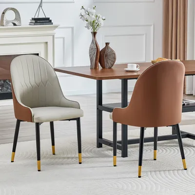 Productafbeelding van Eetkamerstoelen, set van 2, Polyurethanbekleding, rugleuning met bliksemprint, bekleed, metalen frame (bruin+zwart, warmgrijs)