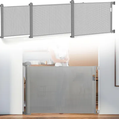 Image de LZQ Barrière de sécurité à enrouleur 0-150cm Barrière de sécurité pour chien et bébé Barrière d'escalier Porte rétractable Barrières extensibles pour chien pour l'intérieur et l'extérieur - Gris