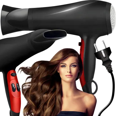 A woman with long brown hair is shown with two black and red hair dryers.