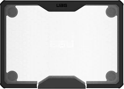 A product shot of a clear case with black trim and circular corner protectors.