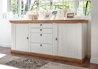 Produktbild von Landhaus Sideboard 210cm pinie weiß / wotan eiche Kommode Wohnzimmer