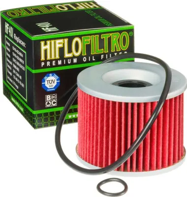 A Hiflofiltro oil filter and its packaging are shown against a white background.
