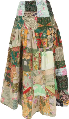 Produktbild von Weit Schwingender Upcycling Patchwork, Maxirock, Boho Baumwoll Sommerrock - Grün, Damen, Baumwolle, Röcke