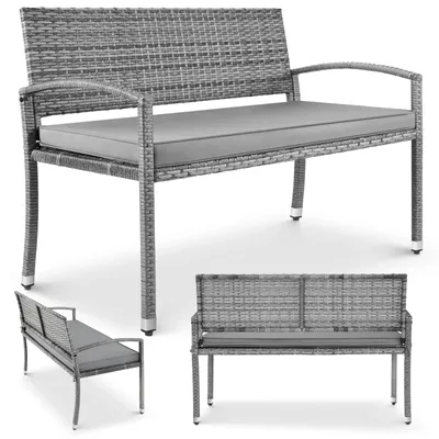 Zdjęcie produktu dla Ławka ogrodowa z polirattanu – ławka tarasowa i balkonowa, 2-osobowa – rama metalowa, wymiary 122x60x90 cm – z podłokietnikami – poduszki siedziskowe w zestawie – maksymalne obciążenie do 320 kg – odporna na warunki atmosferyczne – kolor: szary