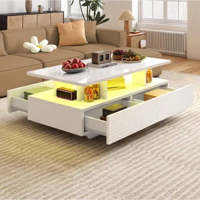 Produktbild von Couchtisch Beistelltisch Wohnzimmertisch, mit 16-farben LED-Beleuchtung und 4 Schubladen, 90x55x41 cm, Weiß